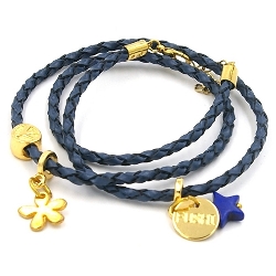 Armband gevlochten natuurleer wrap 3 rij donkerblauw