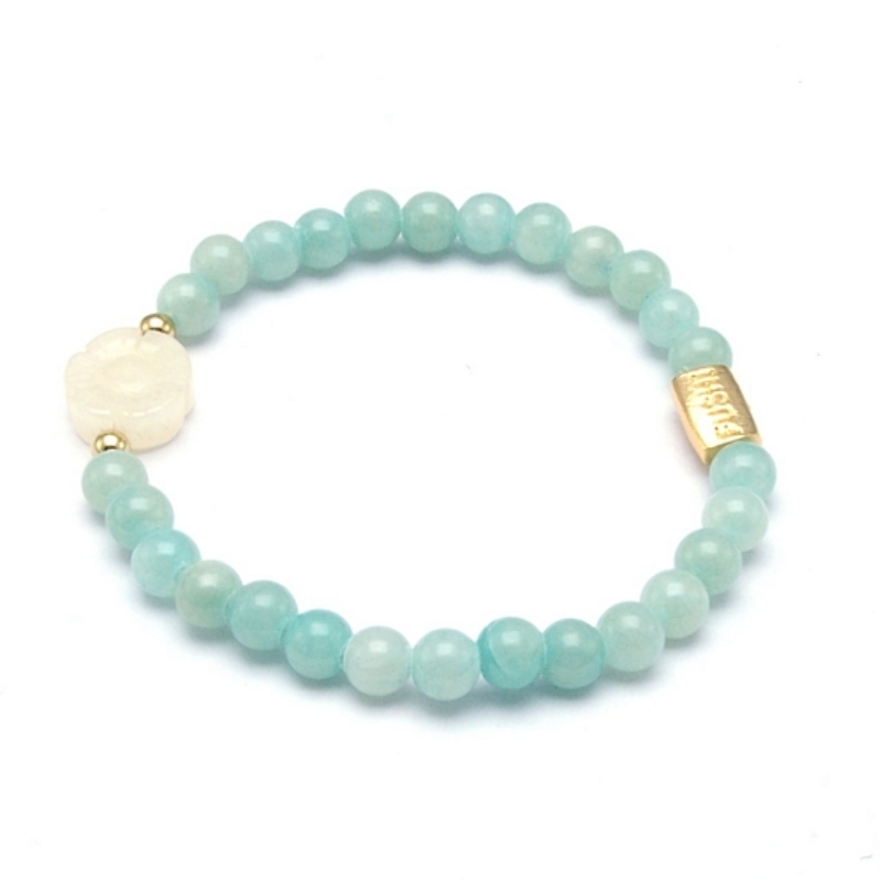 Armband halfedelsteen amazonite 6mm met halfedelsteen bloem goud