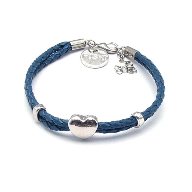 Armband gevlochten natuurleer met verzilverd hartje