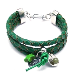 Armband gevlochten natuurleer 3 rij groen