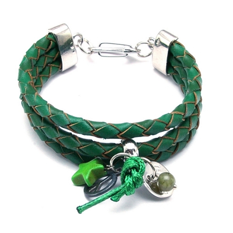 Armband gevlochten natuurleer 3 rij groen