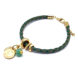Armband gevlochten natuurleer met verguld goud bedels