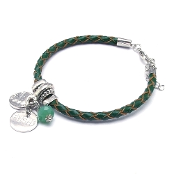 Armband gevlochten natuurleer met verzilverde bedels