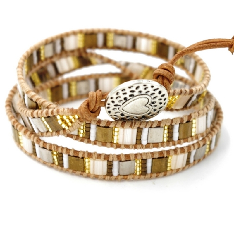 Armband wrap 3-rij mijuki kralen in bruin naturel tinten