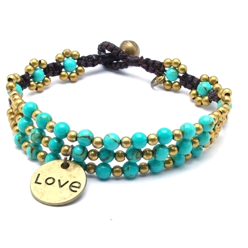 Armband 4mm 3 rij halfedelsteen turquoise met oudgoud