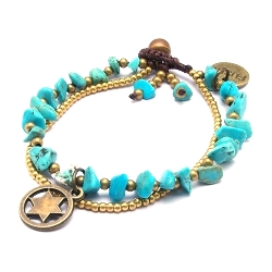 Armband 4mm 3 rij halfedelsteen turquoise met oudgoud