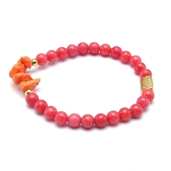 Armband steenkralen cerise met oranje chips en verguld goud