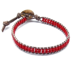 Armband 2 rij facetkraaltjes rood met natuurleer en zilver