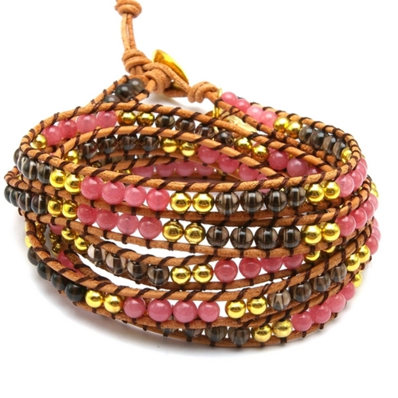 Armband wrap met rozekwarts, agaat en natuurleer Armband wrap met rozekwarts, agaat en natuurleer