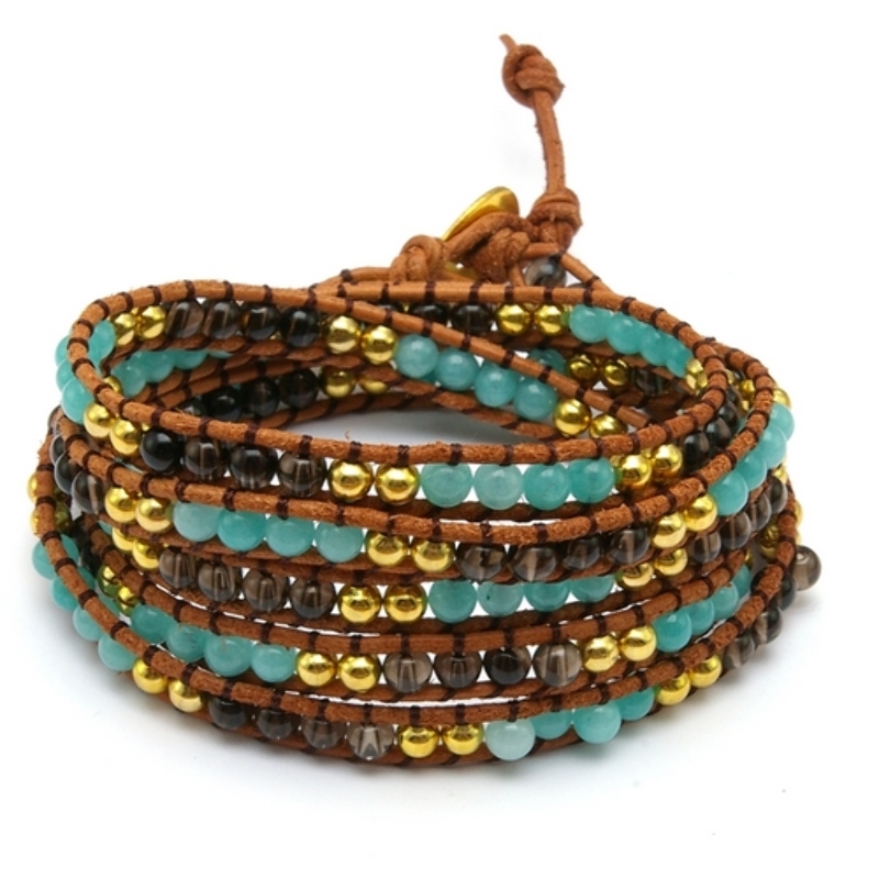 Armband wrap met turquoise, agaat en natuurleer