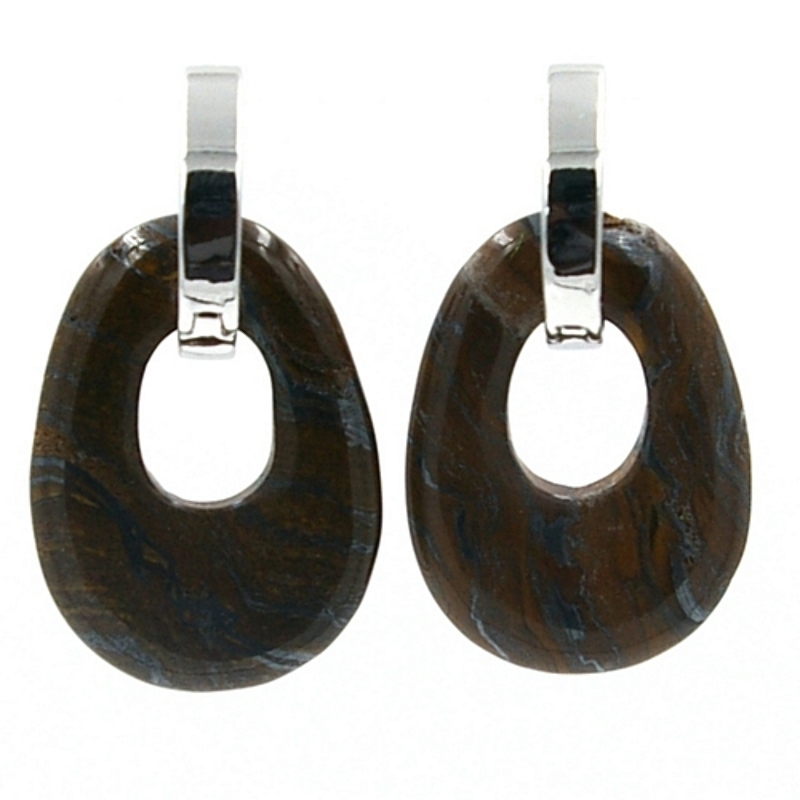 Oorbellen halfedelsteen hanger ovaal tigereye met stainless steel creolen zilver
