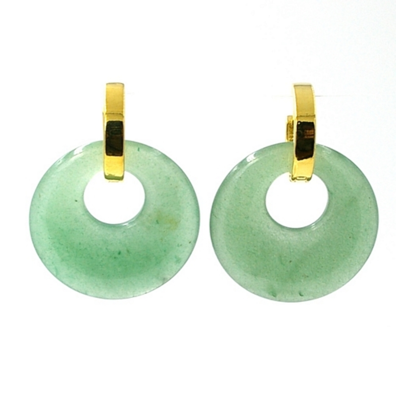Oorbellen halfedelsteen hanger rond jade met stainless steel creolen goud