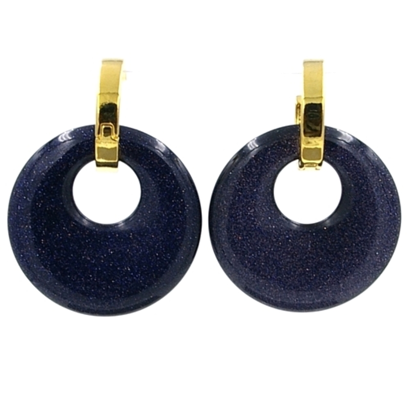 Oorbellen halfedelsteen hanger rond blue goldstone met stainless steel creolen goud