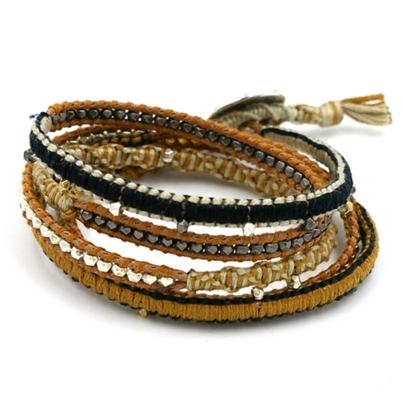 Armband wrap 5 rij leer, touw en metaal zilver lichtbruin/beige