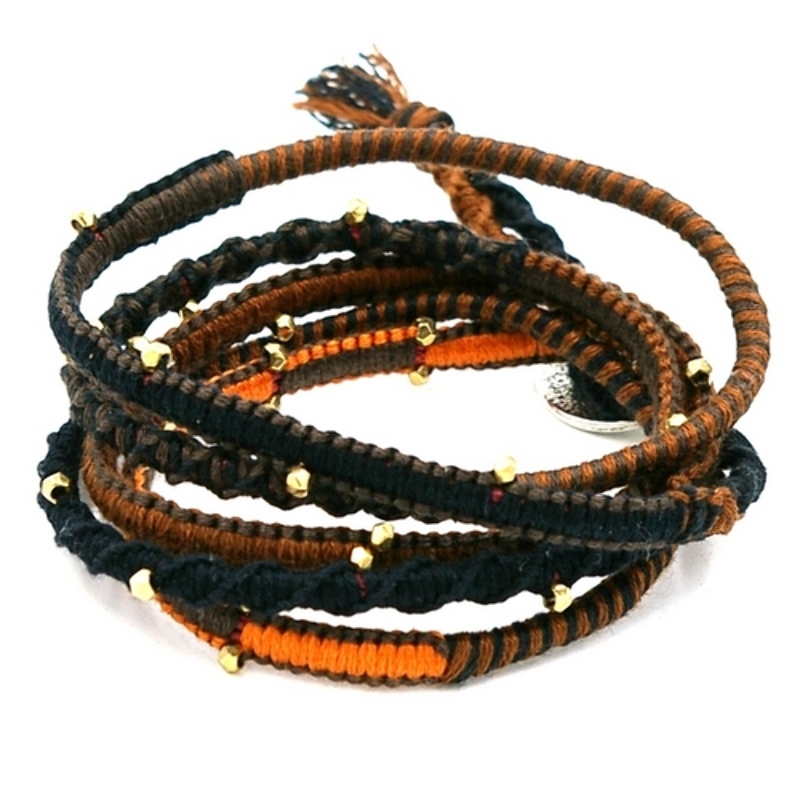 Armband wrap 5 rij leer, touw en metaal goud bruin/zwart/oranje