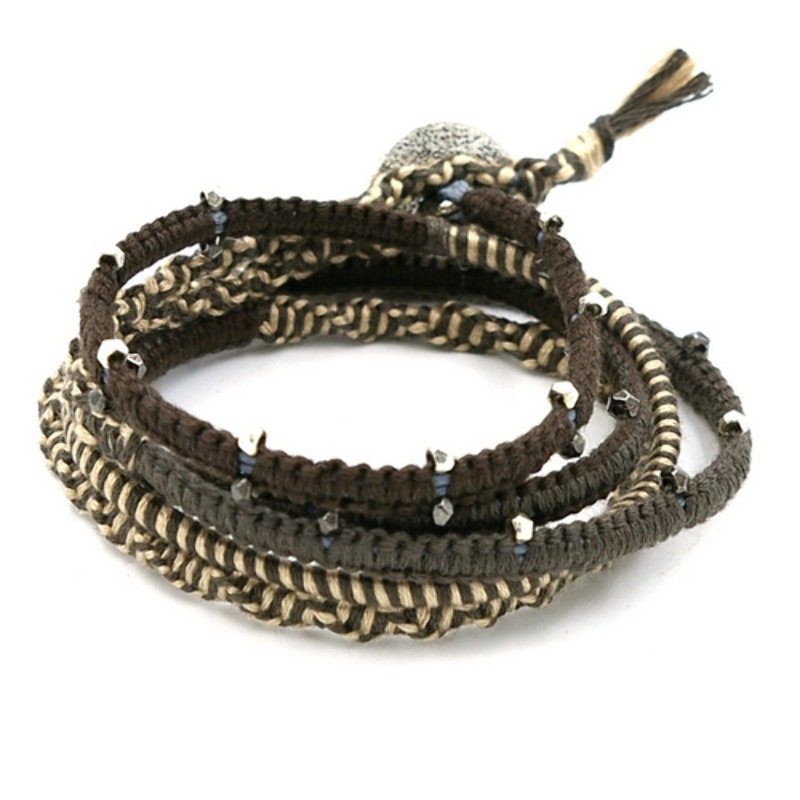 Armband wrap 5 rij leer, touw en metaal zilver bruin/beige