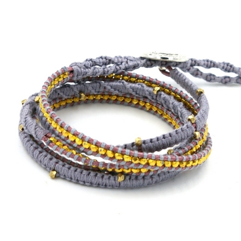Armband wikkel 5 rij touw goud grijs