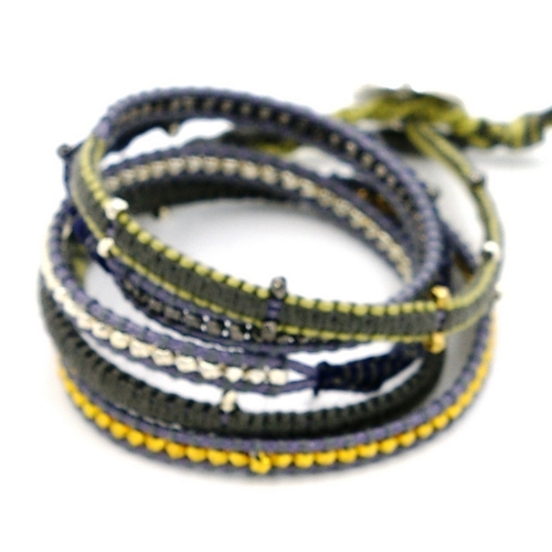 Armband wikkel 5 rij touw goud groen/grijs