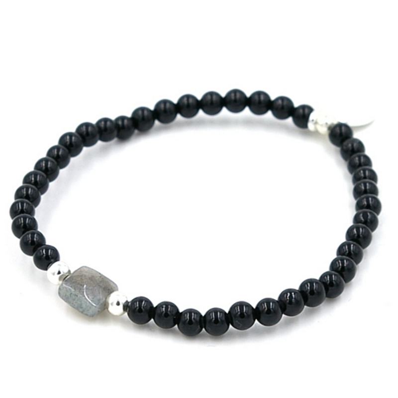 Armband 4mm steenkralen zwart met halfedelsteen labradorite vierkant