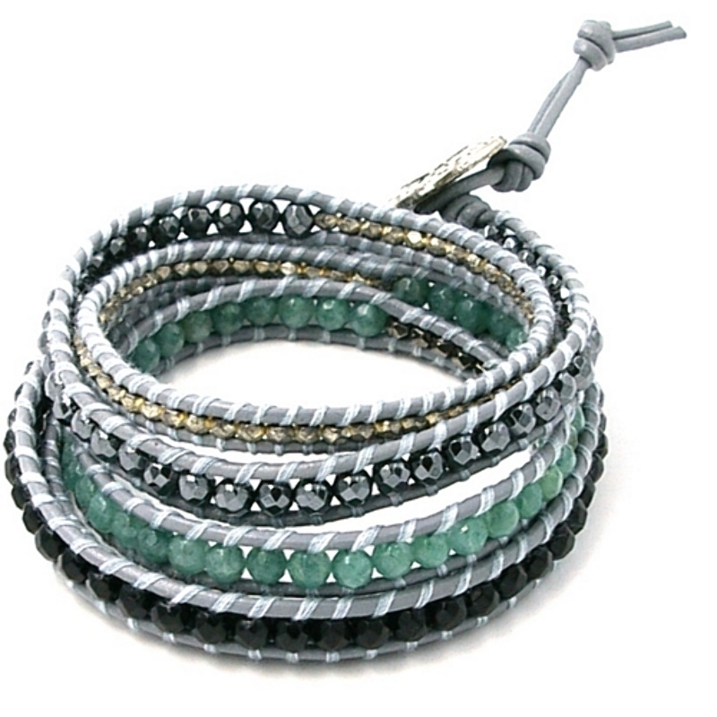Armband wrap met agaat, metaal en natuurleer