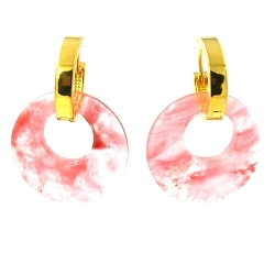 Oorbellen halfedelsteen hanger rond cherry quartz met stainless steel creolen