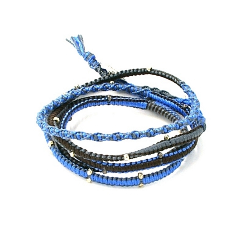 Armband wikkel 5 rij touw goud blauw/grijs