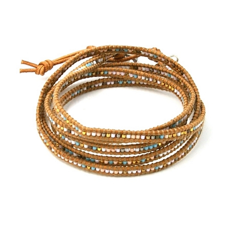 Armband 5 rij wrap natuurleer met mijuki kraaltjes