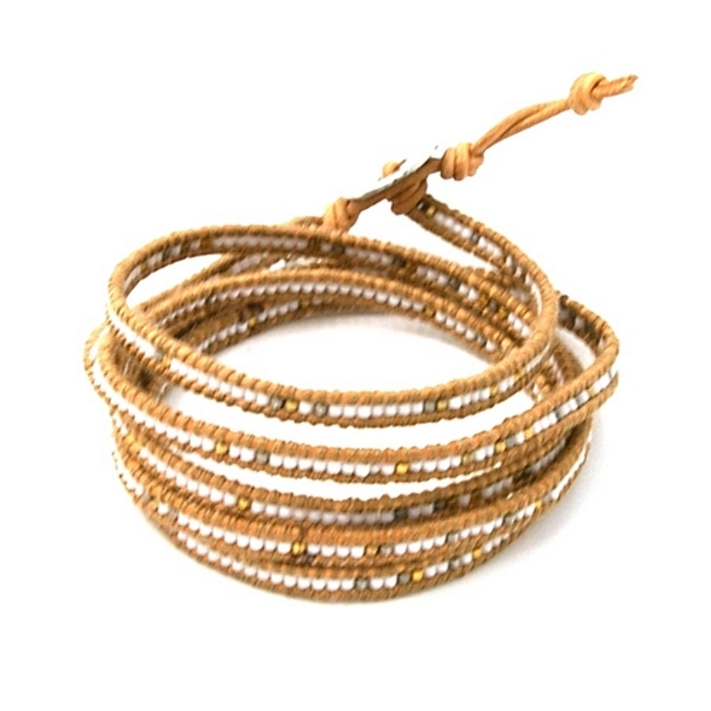 Armband 5 rij wrap natuurleer met mijuki kraaltjes