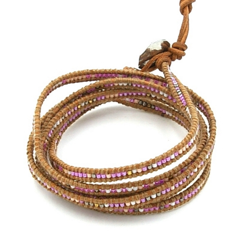 Armband wikkel 5 rij natuurleer met mijuki kraaltjes
