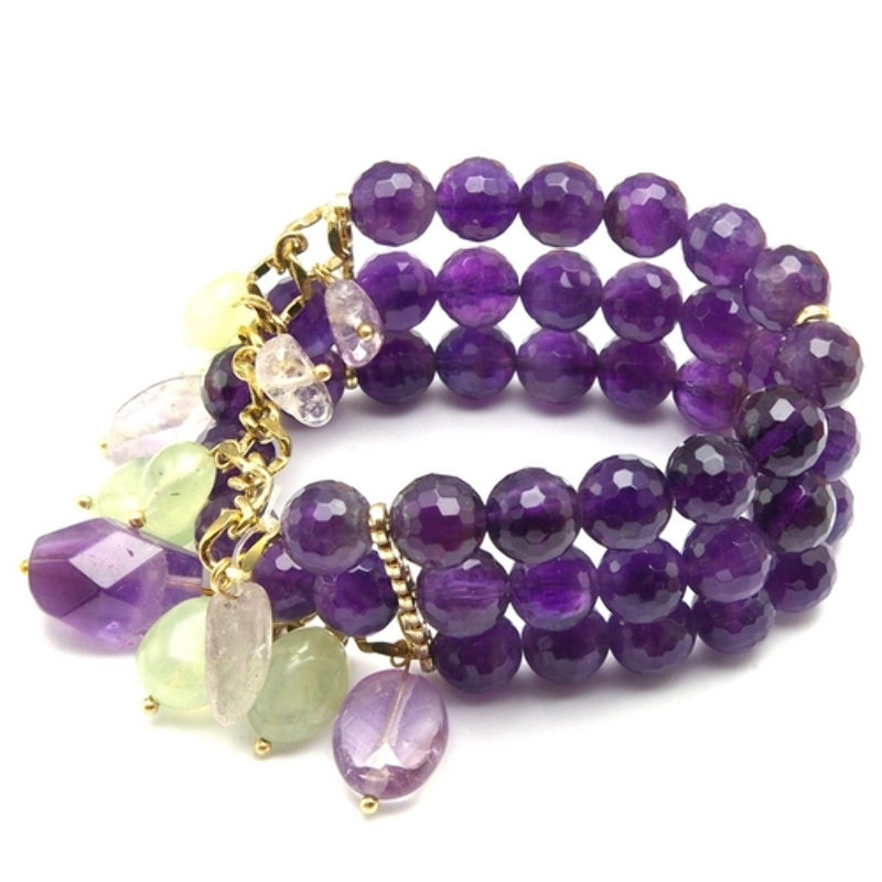 Armband halfedelsteen 3 rij amethyst met bedels