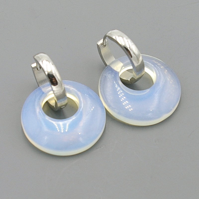 Oorbellen halfedelsteen hanger rond maansteen met stainless steel creolen