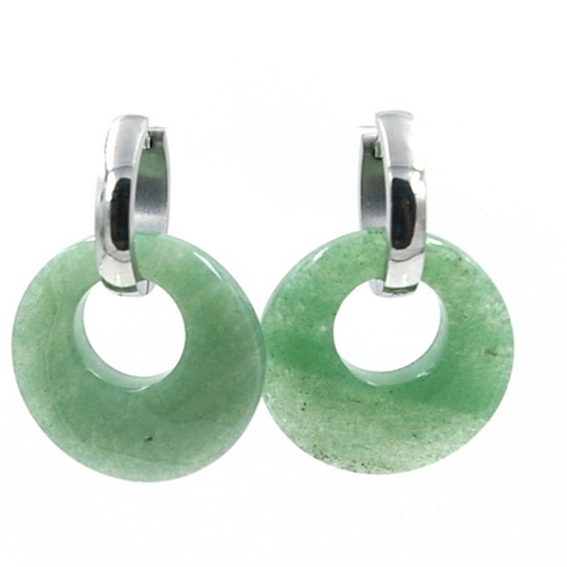 Oorbellen halfedelsteen hanger rond jade met stainless steel creolen