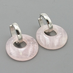 Oorbellen halfedelsteen hanger rond rozekwarts met stainless steel creolen
