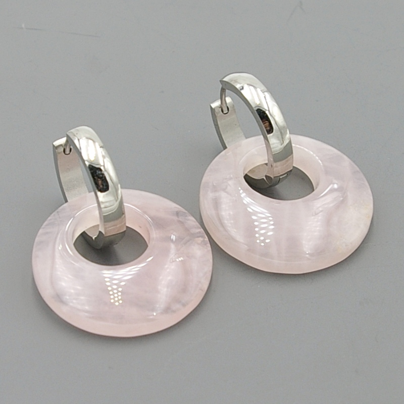 Oorbellen halfedelsteen hanger rond rozekwarts met stainless steel creolen