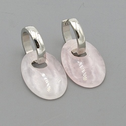 Oorbellen halfedelsteen hanger ovaal rozekwarts met stainless steel creolen