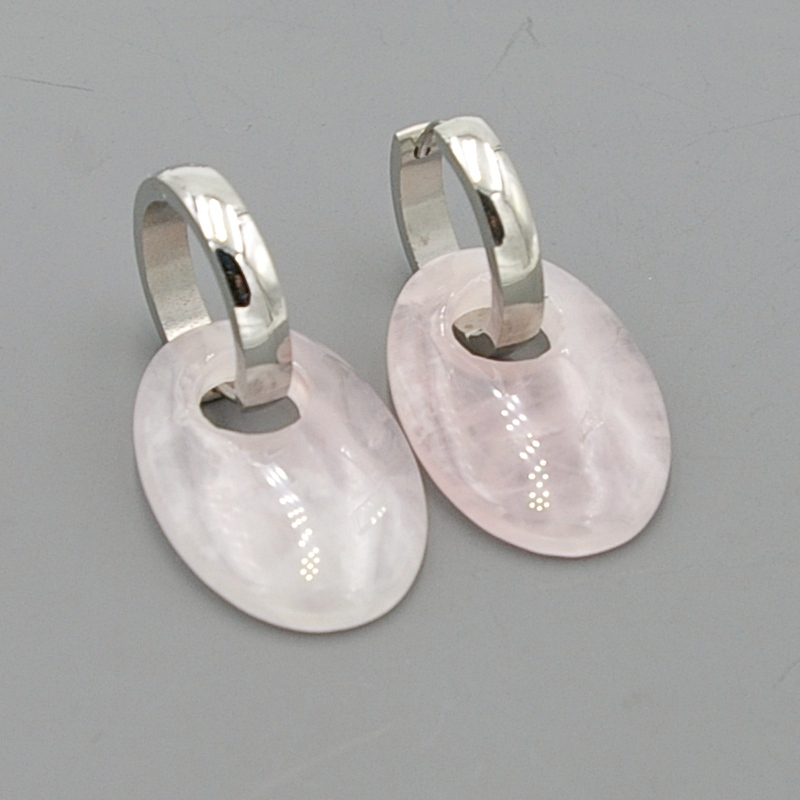 Oorbellen halfedelsteen hanger ovaal rozekwarts met stainless steel creolen