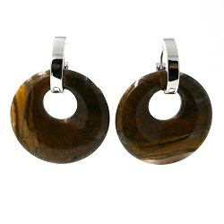 Oorbellen halfedelsteen hanger rond tigereye met stainless steel creolen zilver