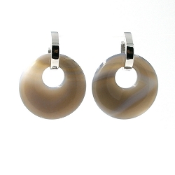 Oorbellen halfedelsteen hanger rond agaat grijs met stainless steel creolen zilver
