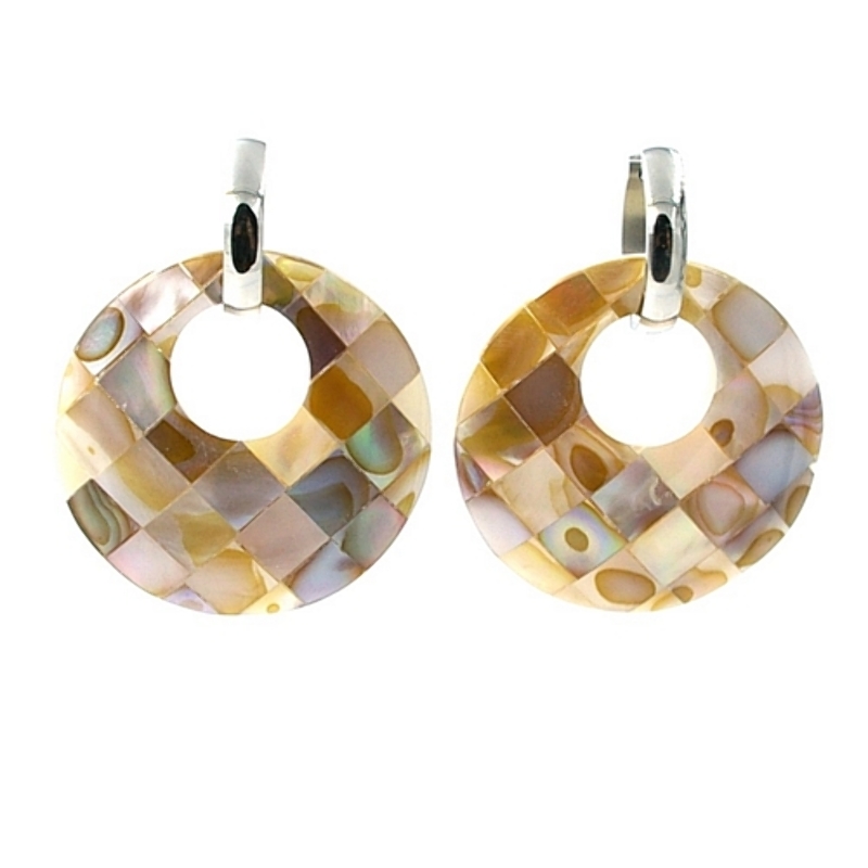 Oorbellen mother of pearl rond ingelegd paarlemoer/bruin met stainless steel creool