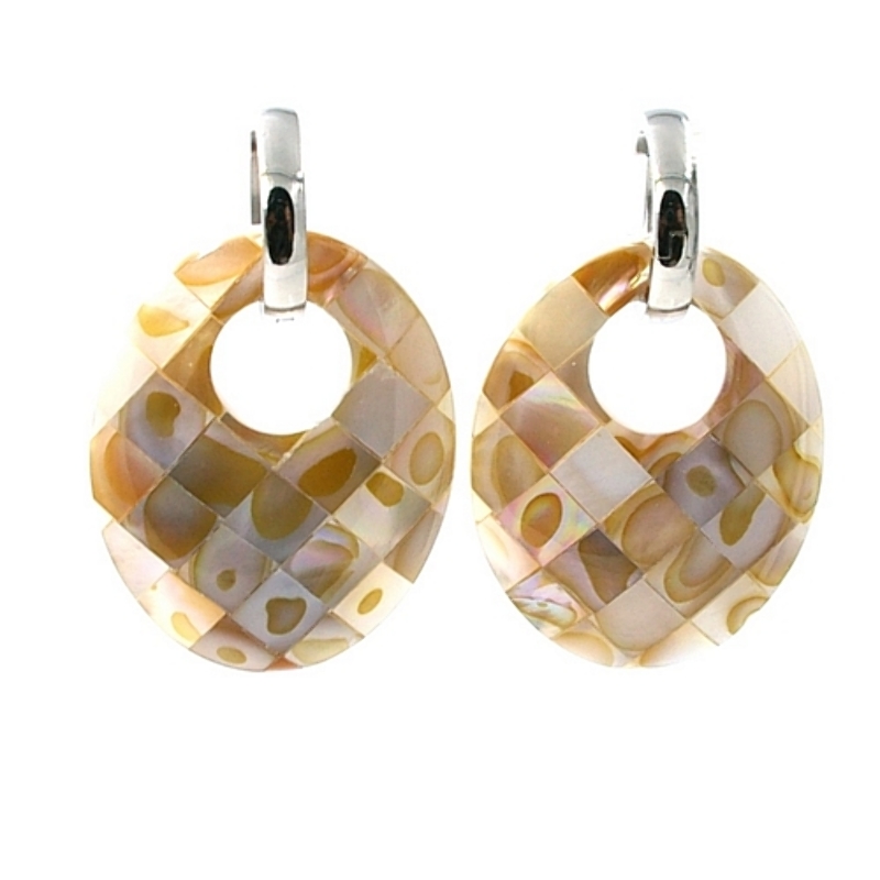 Oorbellen mother of pearl ovaal ingelegd paarlemoer/bruin met stainless steel creool