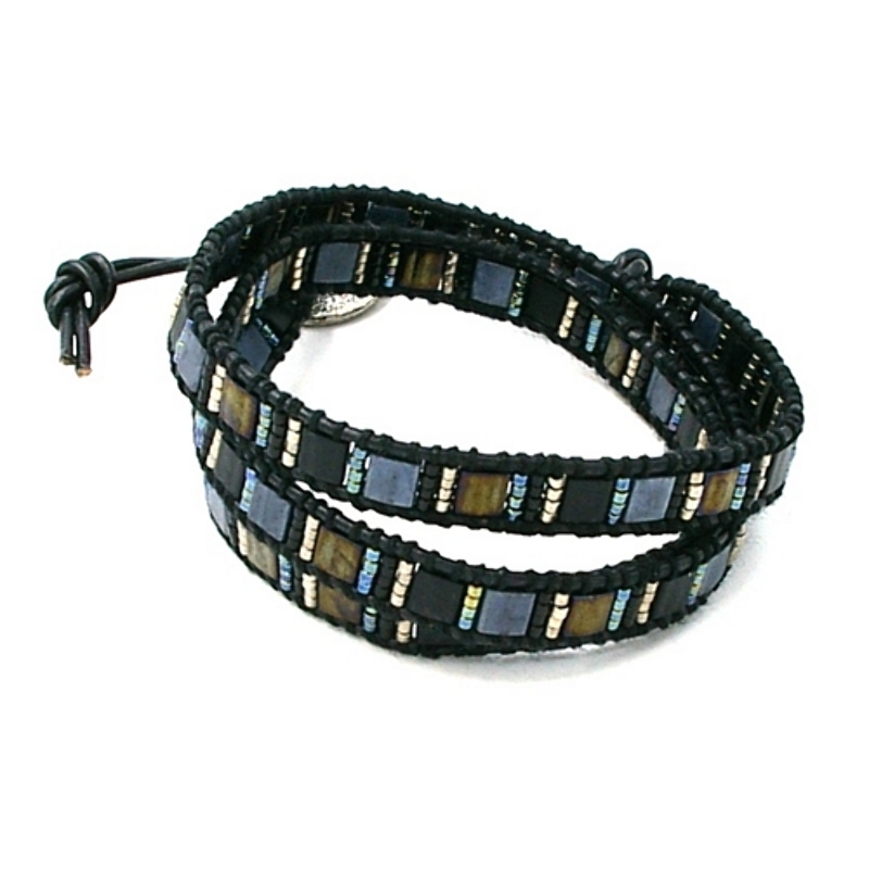 Armband wrap met vierkante mijuki kralen en natuurleer