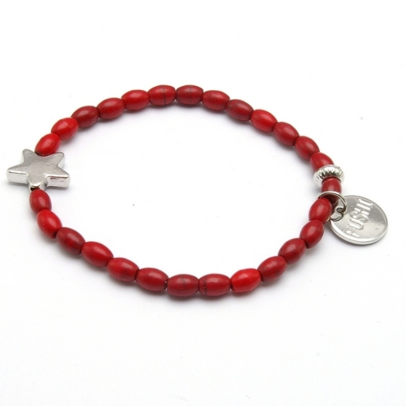 Armband gekleurd turquoise rood met metalen ster zilver