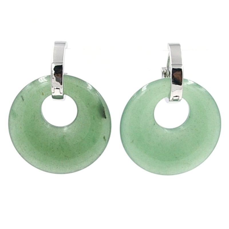 Oorbellen halfedelsteen hanger rond jade met stainless steel creolen zilver