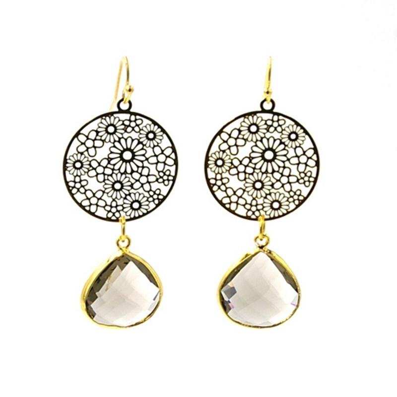 Oorbellen rond filligrain ornament met facetgeslepen druppel rook