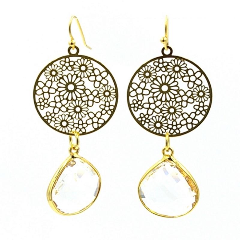 Oorbellen rond filligrain ornament met facetgeslepen druppel crystal