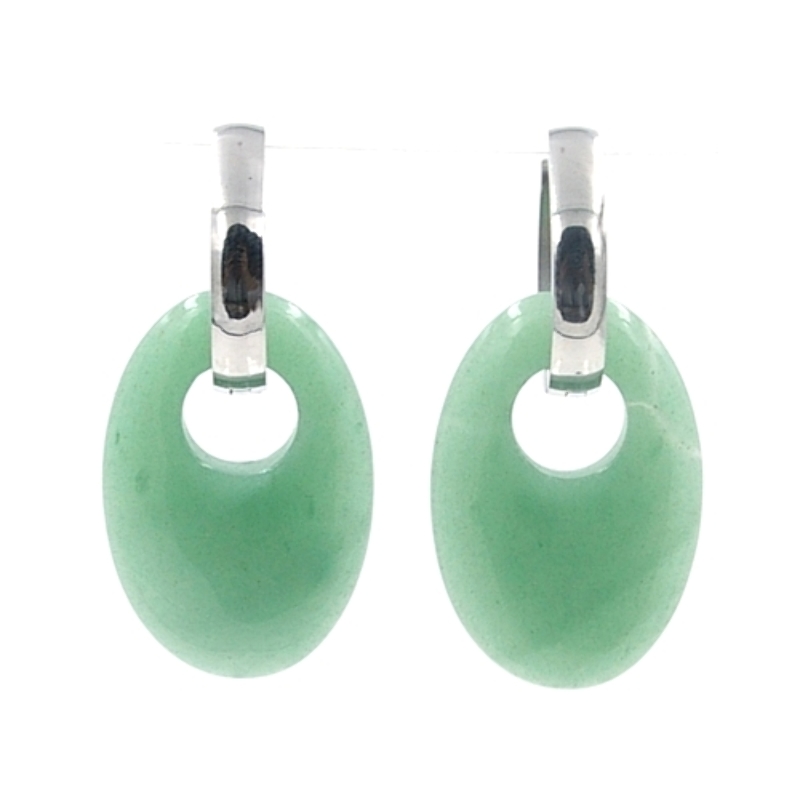 Oorbellen halfedelsteen hanger ovaal jade met stainless steel creolen