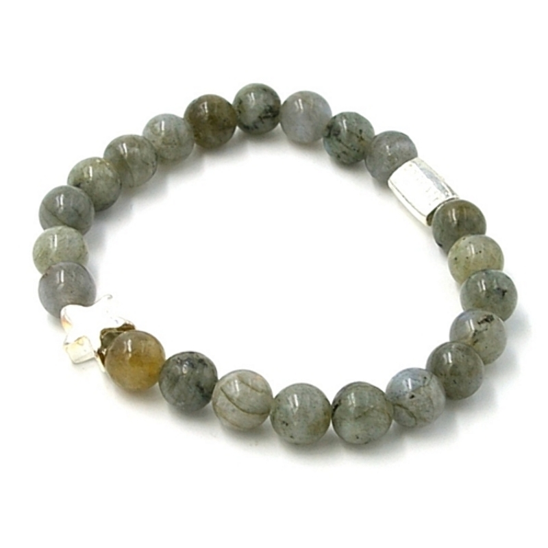 Armband 8mm halfedelsteen labradorite met verzilverd ster