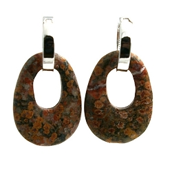 Oorbellen halfedelsteen hanger ovaal unakite met stainless steel creolen zilver