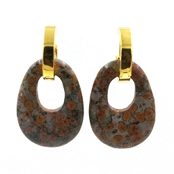 Oorbellen halfedelsteen hanger ovaal unakite met stainless steel creolen goud