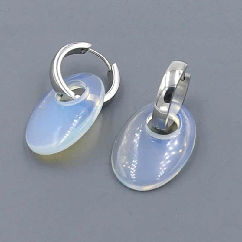 Oorbellen halfedelsteen hanger ovaal maansteen met stainless steel creolen